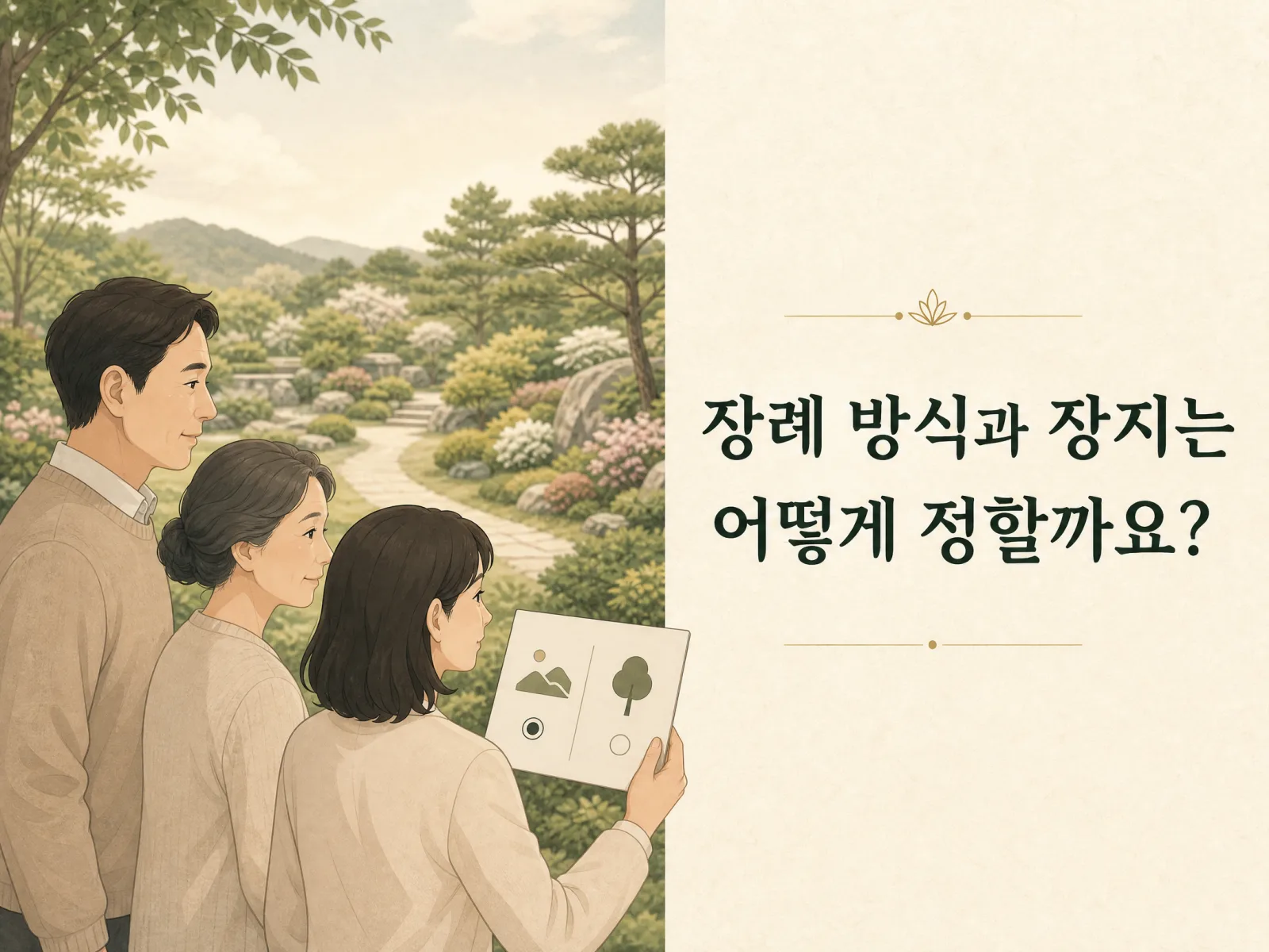 장례 방식과 장지는 어떻게 정할까요? 정보형 일러스트 안내